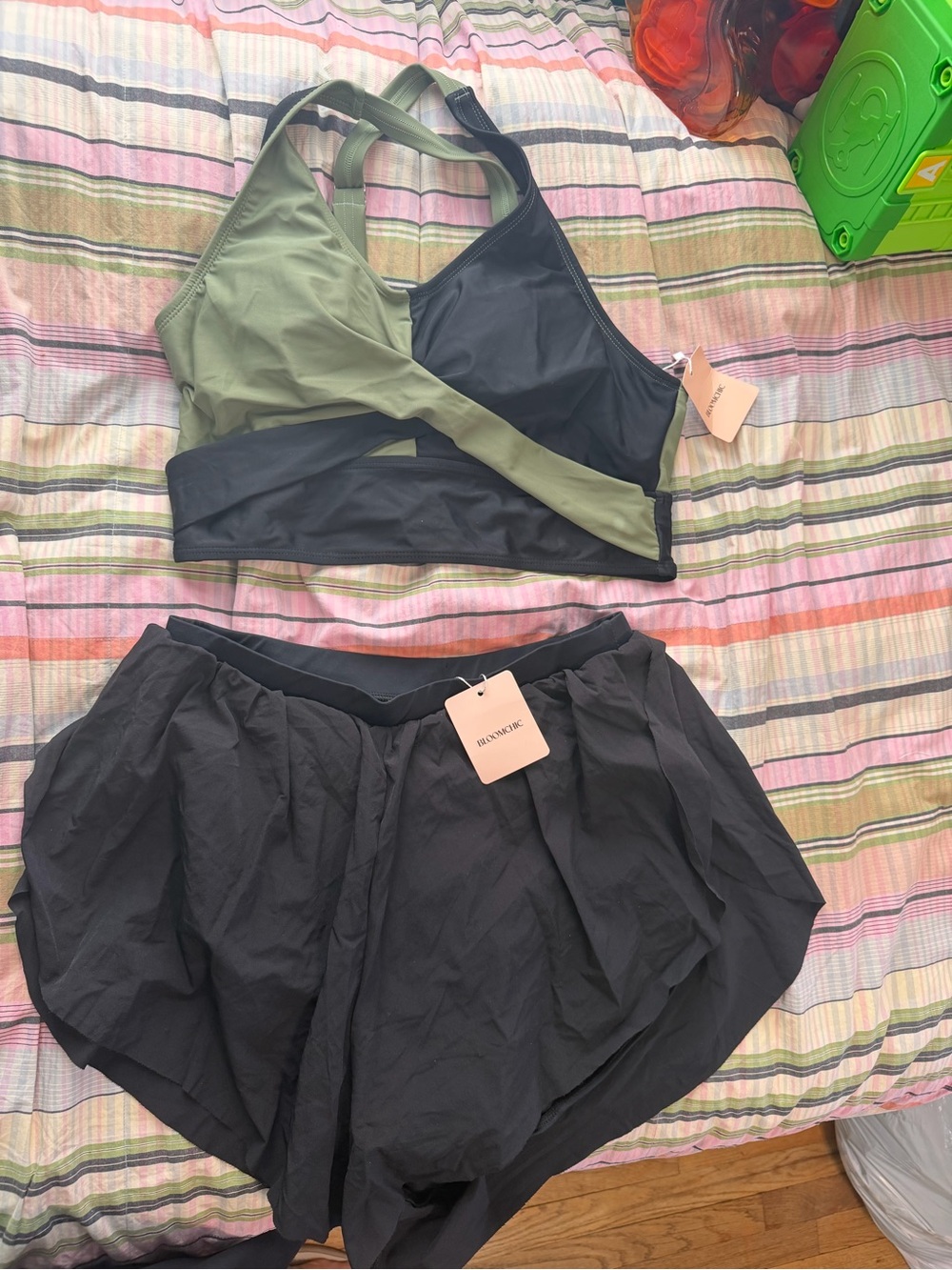 Two-Tone Olive & Black Kids Sports Bra and Black Athletic Skort